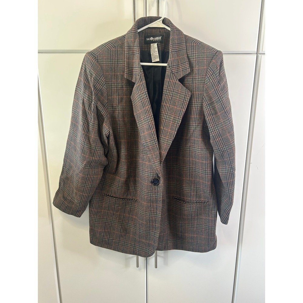 Sag Harbor Woman Vintage Glen Plaid Wool Blazer Jacket Womens 20W Brown Lined